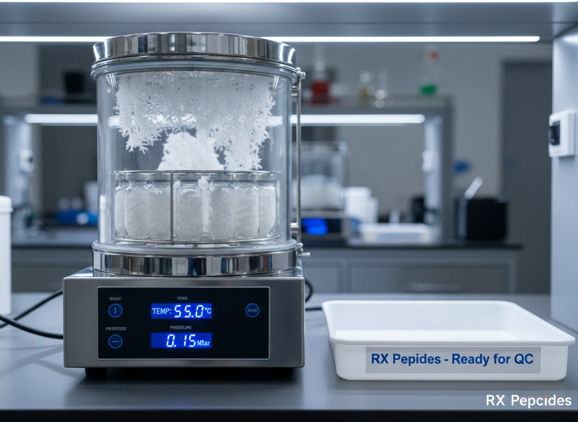 A focused, photographic realism image of a peptide lyophilization setup: a compact, stainless-steel freeze dryer with a transparent, cylindrical vacuum chamber containing several small glass vials held upright in a metal rack. Inside each vial, partially dried peptide cakes cling to the glass with intricate, frosted textures. The freeze dryer control panel glows softly with precise temperature and pressure readouts. Surrounding the unit, the benchtop remains uncluttered, with only a labeled tray waiting for completed vials. Cool white overhead lighting and a subtle side light emphasize the frosty textures and polished metal, casting crisp but gentle shadows. Shot at eye level with the chamber door dominating the frame, the mood is controlled, technical, and advanced, underscoring RX Peptides’ expertise in high-quality peptide formulation.