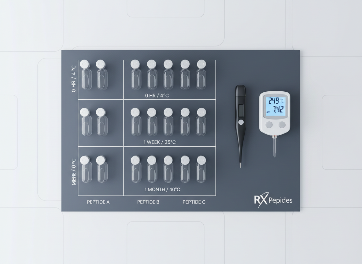 A meticulously composed, photographic realism overhead shot of a peptide formulation benchmarking setup, featuring three parallel rows of identical clear vials on a matte, slate-gray lab pad. Each row represents a different stability condition, with professional printed labels visible on the pad indicating time points and storage temperatures. Beside the vials, a sleek digital thermometer and a compact pH meter rest precisely aligned, their displays faintly glowing. The surrounding benchtop is immaculate, with only subtle grid markings suggesting organized experimental zones. Soft, diffuse top lighting produces almost no harsh shadows, emphasizing clarity and order. The flat-lay composition creates a highly structured, almost infographic-like image, conveying a mood of disciplined experimentation, comparative analysis, and RX Peptides’ dedication to optimizing peptide performance through rigorous research.