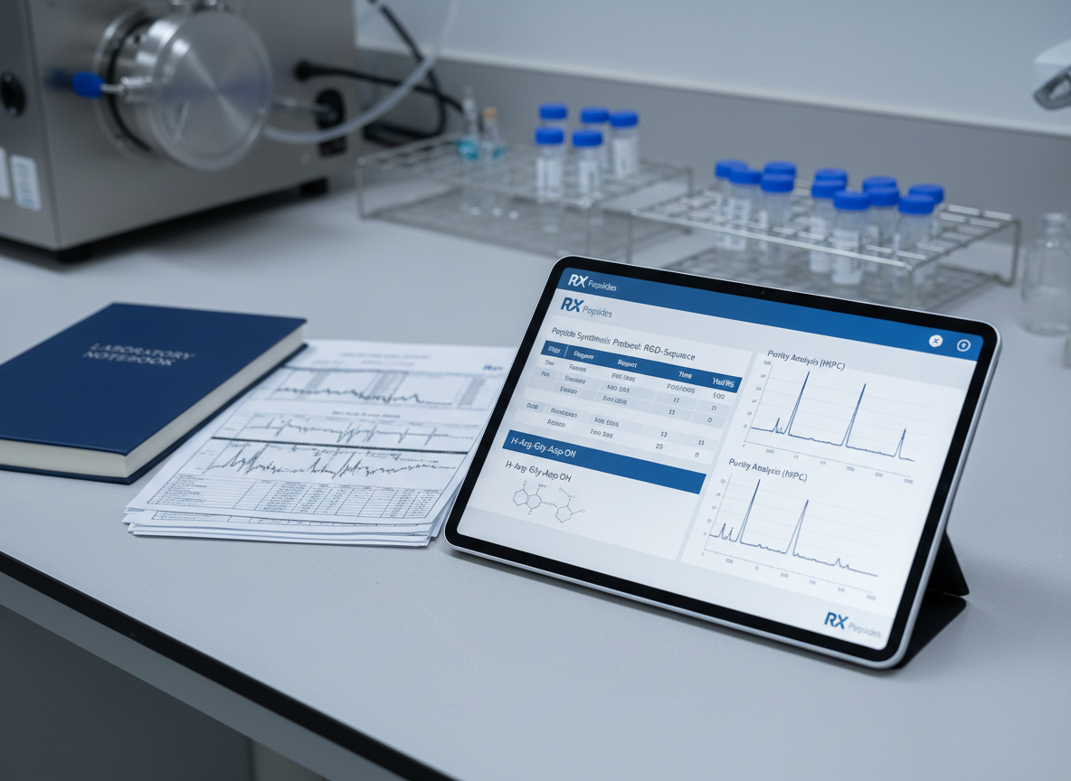 A detailed, photographic realism shot of a high-precision digital notebook interface displayed on a slim, silver laboratory-grade tablet resting on a spotless benchtop. The screen shows a clean, professional layout of a peptide synthesis protocol: structured tables, molecular sequences, and clear graphs of purity analysis. To the side sit a closed lab notebook with a blue hard cover and a stack of neatly arranged printed chromatograms, all perfectly aligned. The background is softly blurred, hinting at racks of peptide vials and a synthesis reactor. Cool, even laboratory lighting gently illuminates the tablet glass and paper edges, producing subtle reflections without glare. Captured at a three-quarter angle with moderate depth of field, the composition emphasizes organized data and documentation, conveying a mood of rigor, traceability, and scientific integrity for RX Peptides.