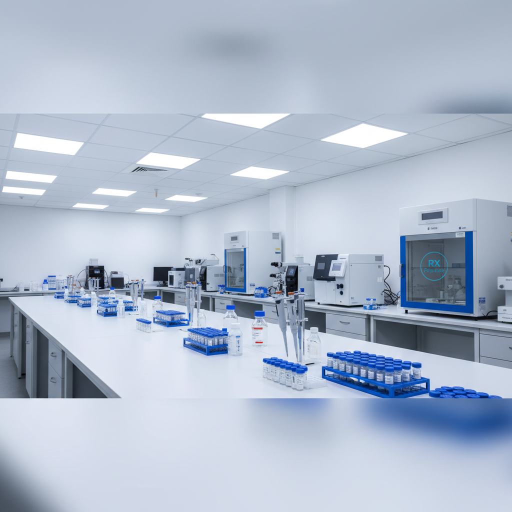 A wide, panoramic photographic view of a state-of-the-art peptide research lab, captured from a slightly elevated angle to showcase multiple spotless workstations. Each station features clean white benches with neatly arranged racks of peptide vials, calibrated micropipettes resting on stands, and labeled reagent bottles, all aligned with meticulous order. In the mid-ground, a bank of analytical instruments—HPLC, mass spectrometer housings, and incubators—forms a sleek line of white and brushed-metal surfaces. Overhead, bright, evenly distributed LED panel lighting creates a uniform, shadow-free illumination, enhancing the crisp blues and whites of the lab environment. The composition uses leading lines from the benchtops to guide the eye across the space, evoking a mood of disciplined focus, high capability, and professional reliability, perfectly aligned with RX Peptides’ dedication to top-tier research.