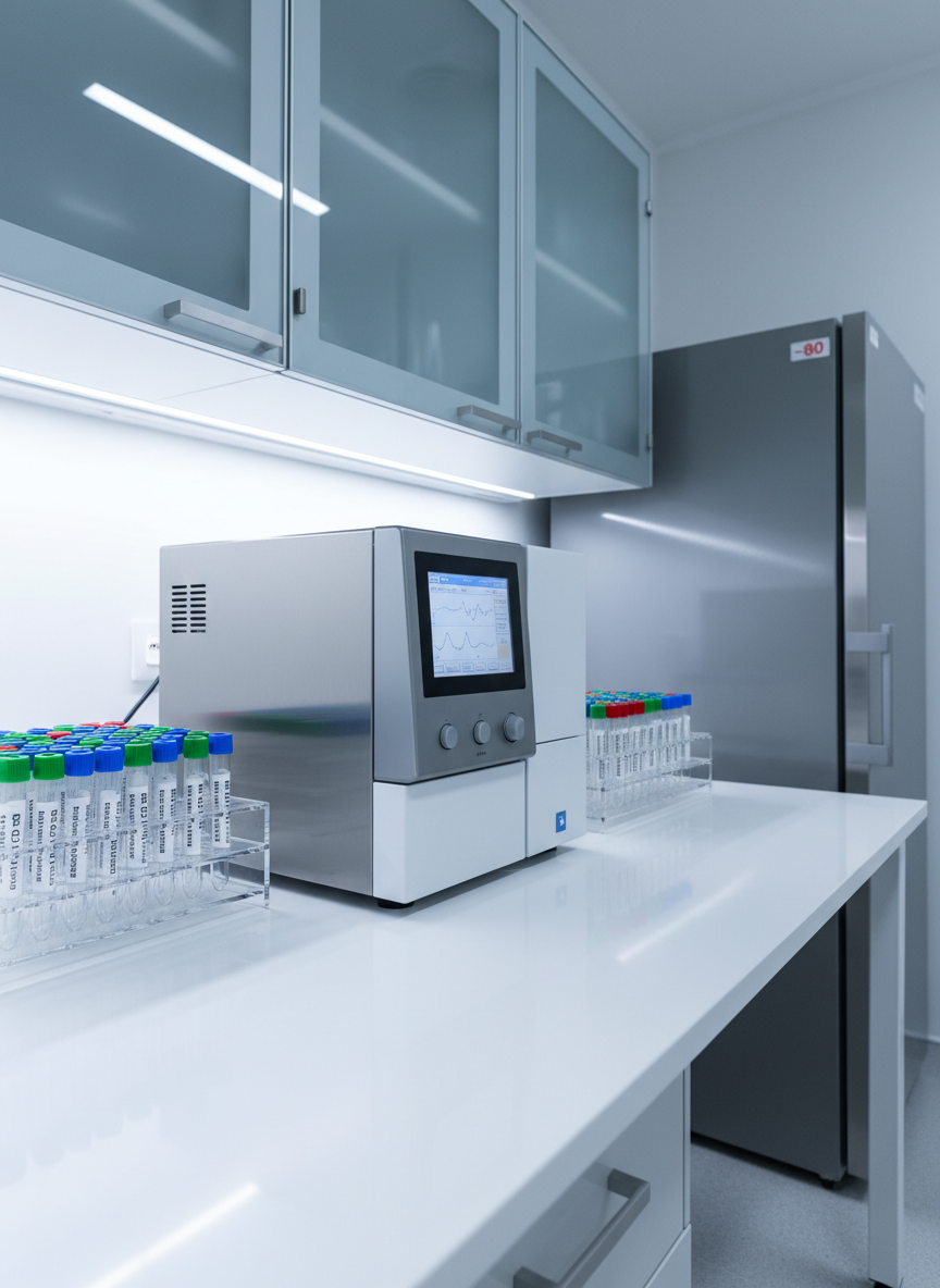 An ultra-modern peptide research workstation in photographic realism, centered on a sleek, white benchtop supporting a compact, high-end liquid chromatography system with a small display showing precise graphs and retention times. Surrounding the instrument are tidy racks of labeled peptide sample tubes, color-coded caps facing outward in perfect alignment. The environment features smooth, glass-front cabinets and a subtle hint of a -80°C freezer door in the blurred background. Cool white LED task lighting from above and under-cabinet strips creates crisp reflections on polished surfaces, emphasizing sterility and control. Composed using the rule of thirds from a slightly elevated angle, the chromatography unit dominates the frame while the surrounding apparatus suggests rigorous, high-level research. The mood is clinical, focused, and highly professional, reinforcing RX Peptides’ commitment to advanced analytical quality.
