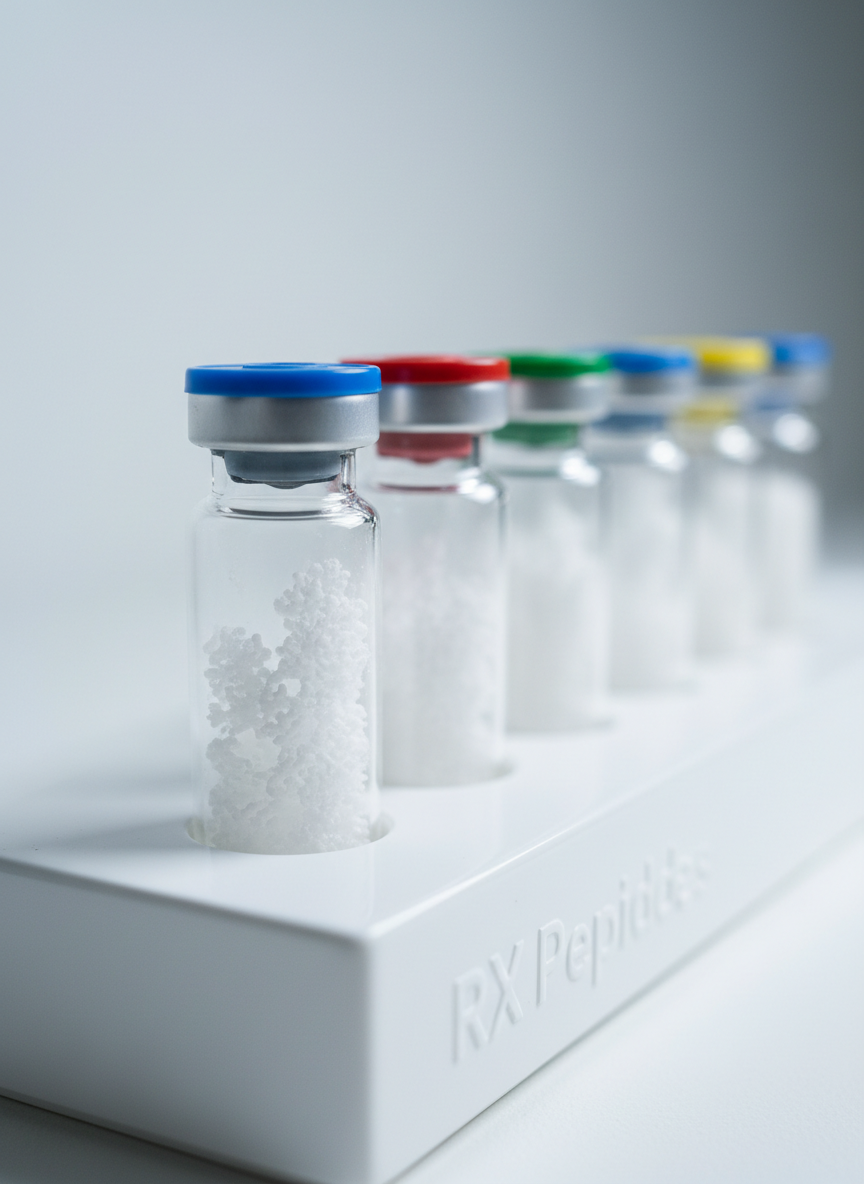 A close-up, photographic realism macro shot of a series of small, clear glass peptide vials arranged in a perfect row on a matte white tray, each capped with aluminum seals and color-coded stoppers. The front-most vial is in sharp focus, revealing a pristine lyophilized peptide powder forming delicate crystalline structures at the bottom. The background vials gradually blur into a smooth, cool-toned bokeh, hinting at dozens more samples. Soft, diffused laboratory lighting from above and slightly behind creates subtle rim highlights on the glass edges and faint shadows that add depth without clutter. The composition is minimalist and precise, with a calm, controlled atmosphere that communicates purity, consistency, and the high research standards of RX Peptides.